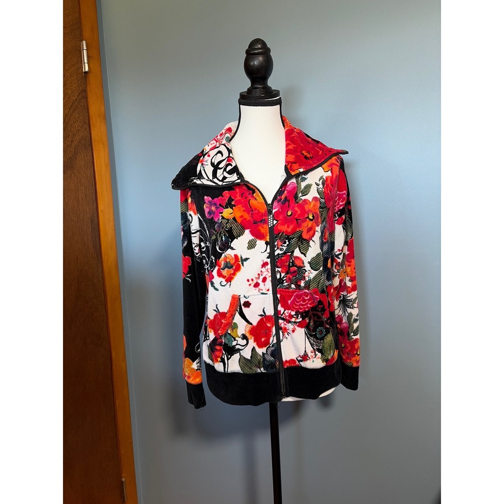 Onque Petite Floral Velour Zip Up Jacket Red Orange Black Rhinestone Pull PL